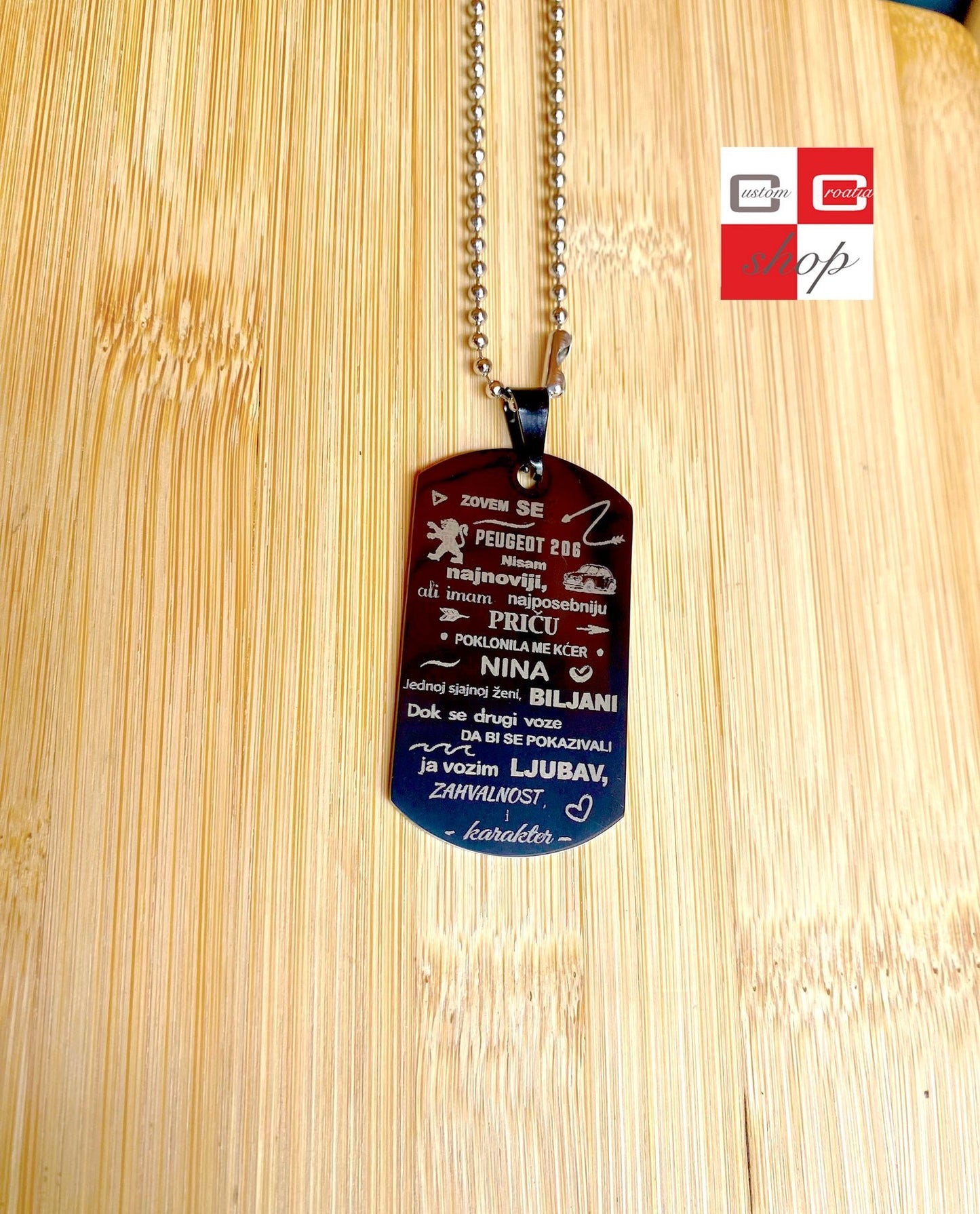 Peugeot 206, personalizirana laserski gravirana pločica sa lančićem. - CustomCroatiaShop