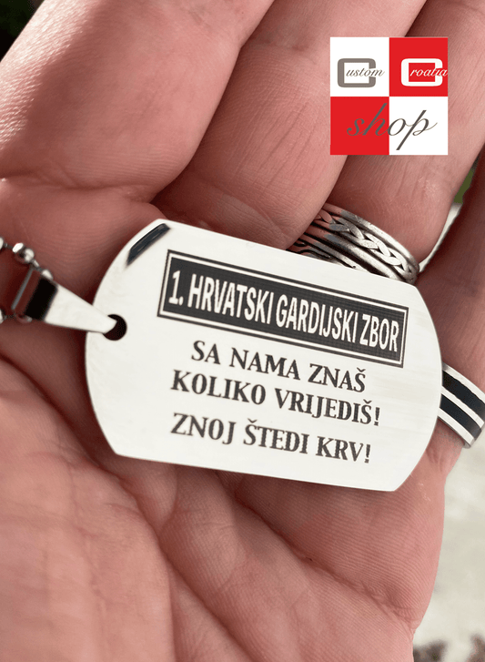 1. HRVATSKI GARDIJSKI ZBOR, personalizirana laserski gravirana pločica od visoko kvalitetnog nehrđajučeg medicinskog čelika u više veličina i boja, sa lančićem srebrne boje. - CustomCroatiaShop