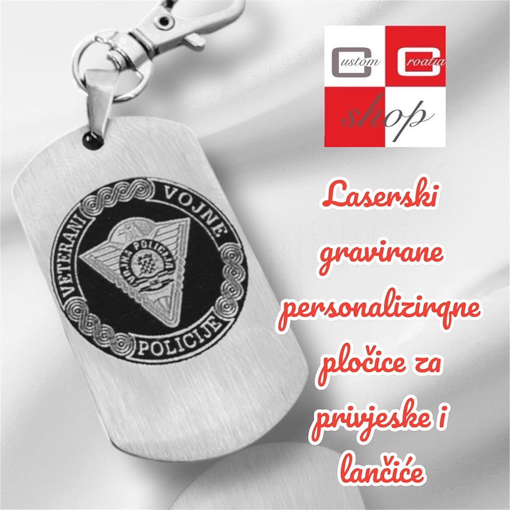 Veterani Vojne policije, personalizirana laserski gravirana pločica od visoko kvalitetnog nehrđajučeg medicinskog čelika u više veličina i boja, sa lančićem srebrne boje.