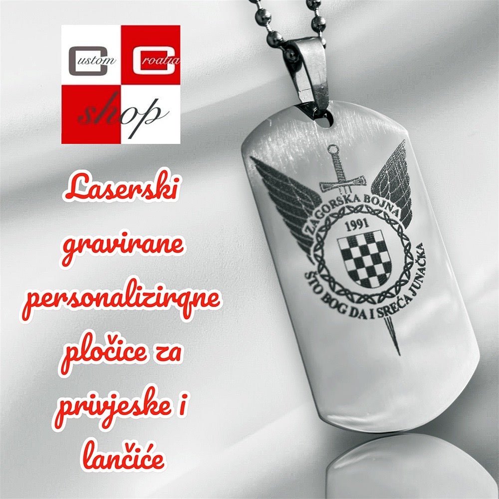 Zagorska bojna HV, personalizirana laserski gravirana pločica od visoko kvalitetnog nehrđajučeg medicinskog čelika u više veličina i boja, sa lančićem srebrne boje. - CustomCroatiaShop