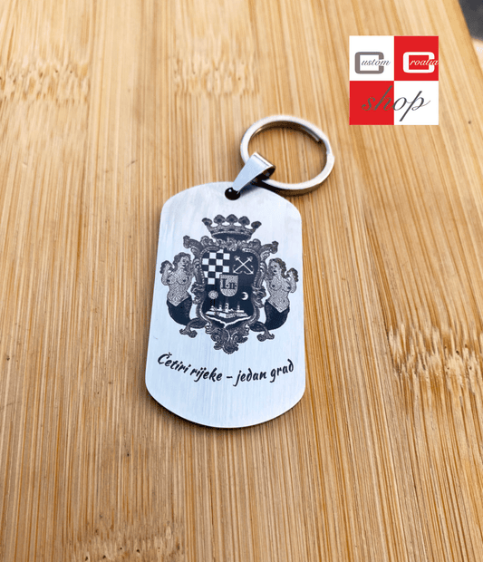 Grb grada Karlovca, personalizirana laserski gravirana pločica od visoko kvalitetnog nehrđajučeg medicinskog čelika u više veličina i boja, sa lančićem srebrne boje - CustomCroatiaShop