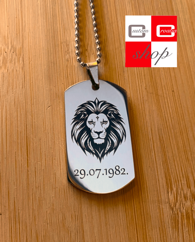 Horoskopski znak Lav, personalizirana laserski gravirana pločica sa lančićem. - CustomCroatiaShop