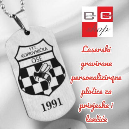 117. koprivnička brigada Ose, personalizirana laserski gravirana pločica od visoko kvalitetnog nehrđajučeg medicinskog čelika u više veličina i boja, sa lančićem srebrne boje. - CustomCroatiaShop